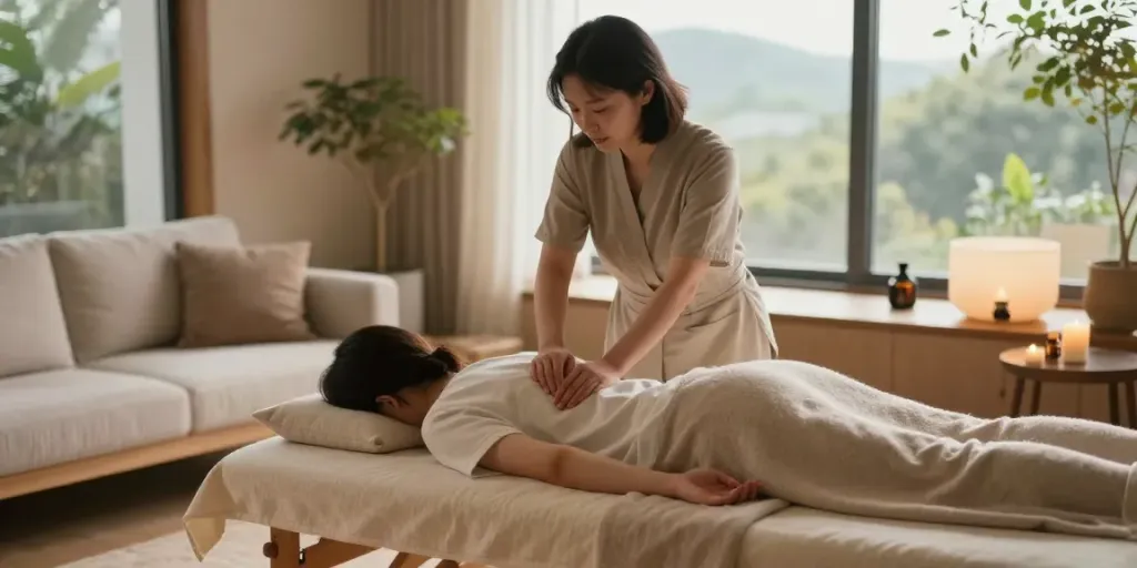 Experience the tranquility of 수원출장마사지 with a serene home massage scene featuring a therapist at work.
