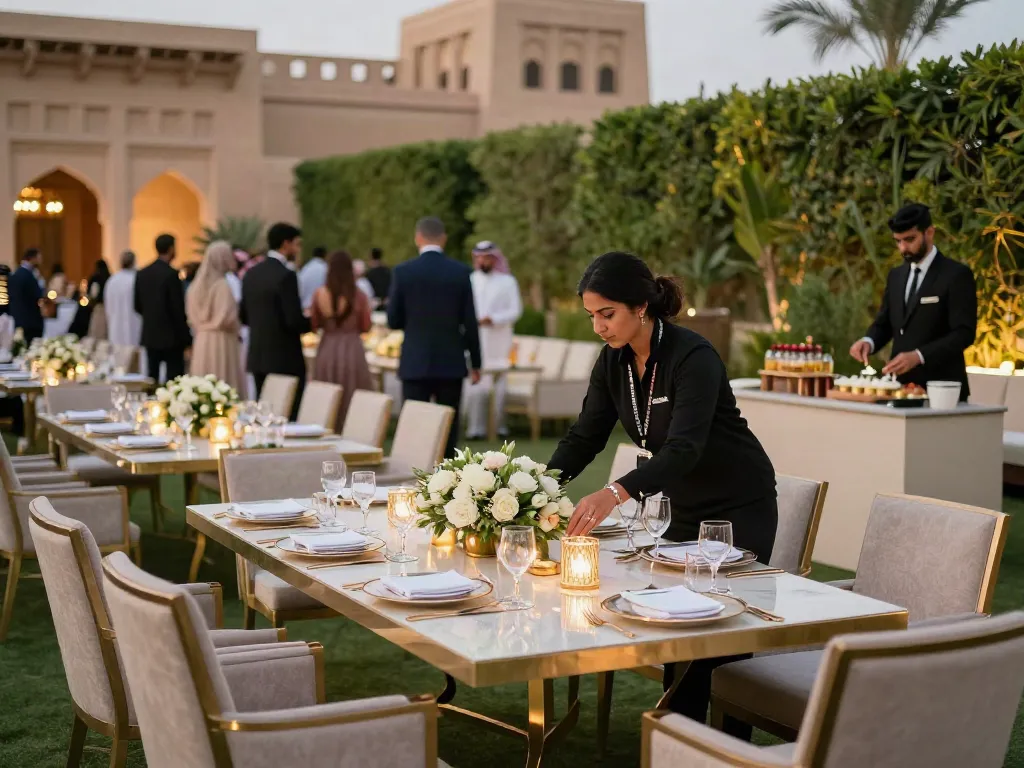 Event furniture rental setup with elegant seating and decor for outdoor events in Saudi Arabia.