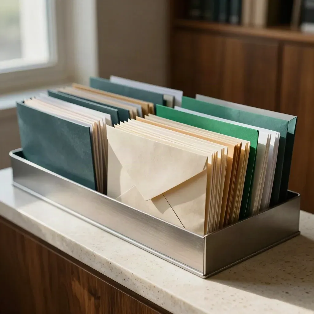 Tax folders and sealed envelopes shifting into a cleaner order on a travertine ledge.