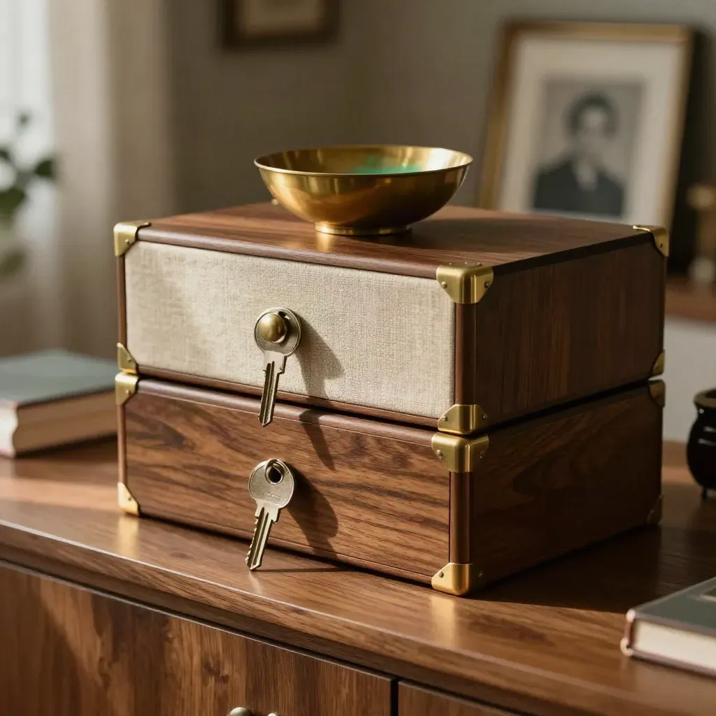 Linked archive boxes, shared keys, brass bowl and face-down heirloom on a warm study credenza.
