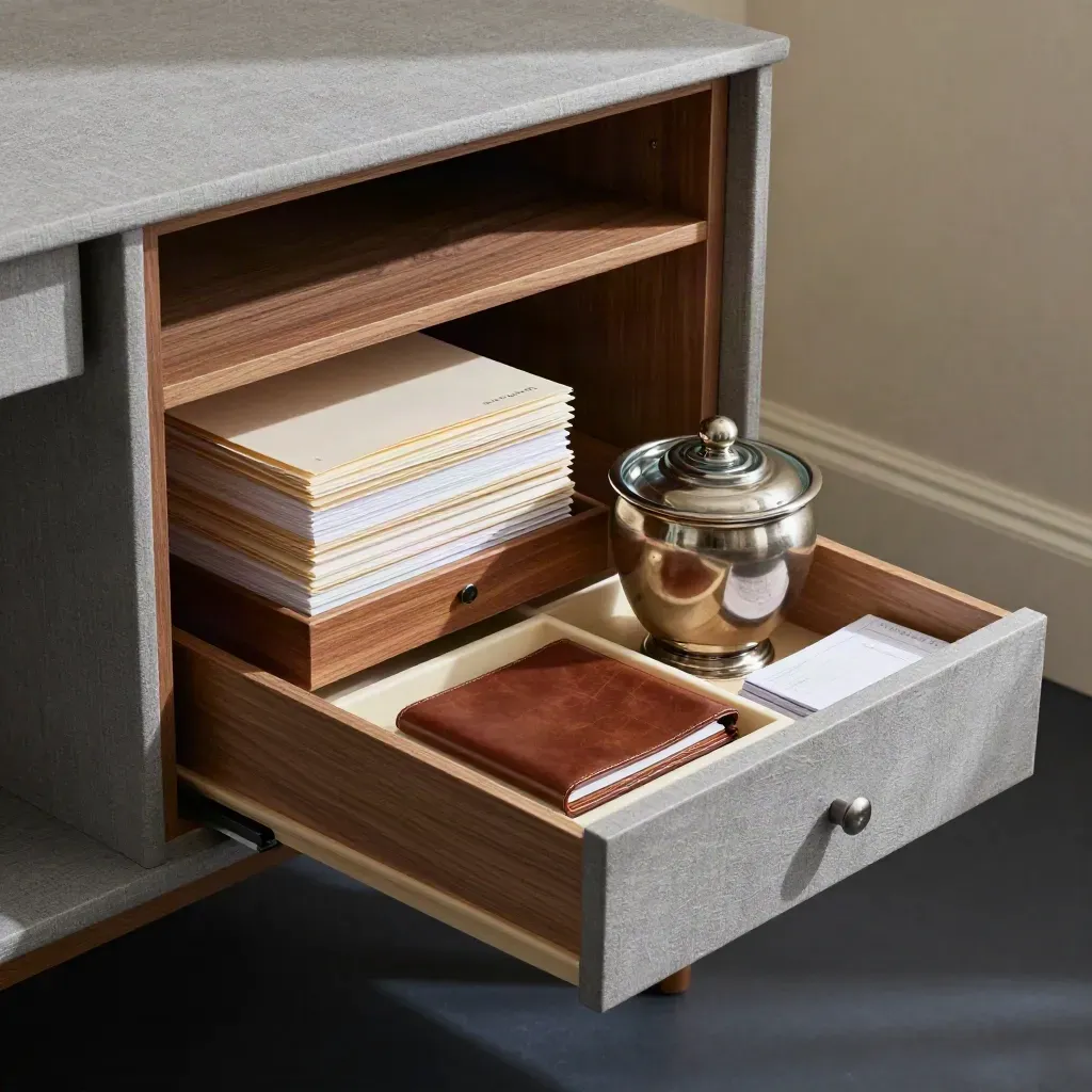 Walnut study drawers with folders, reserve vessel and retirement files in calm motion.