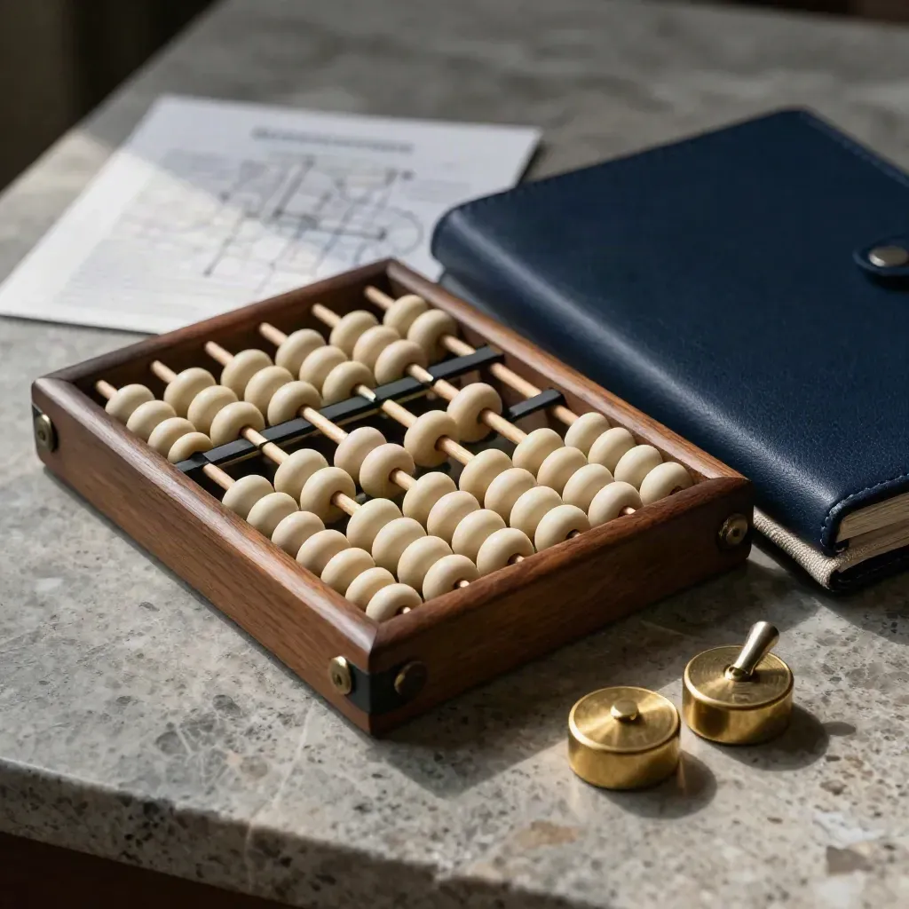 Abacus, brass weights, and a navy folder sleeve on stone in warm side light.