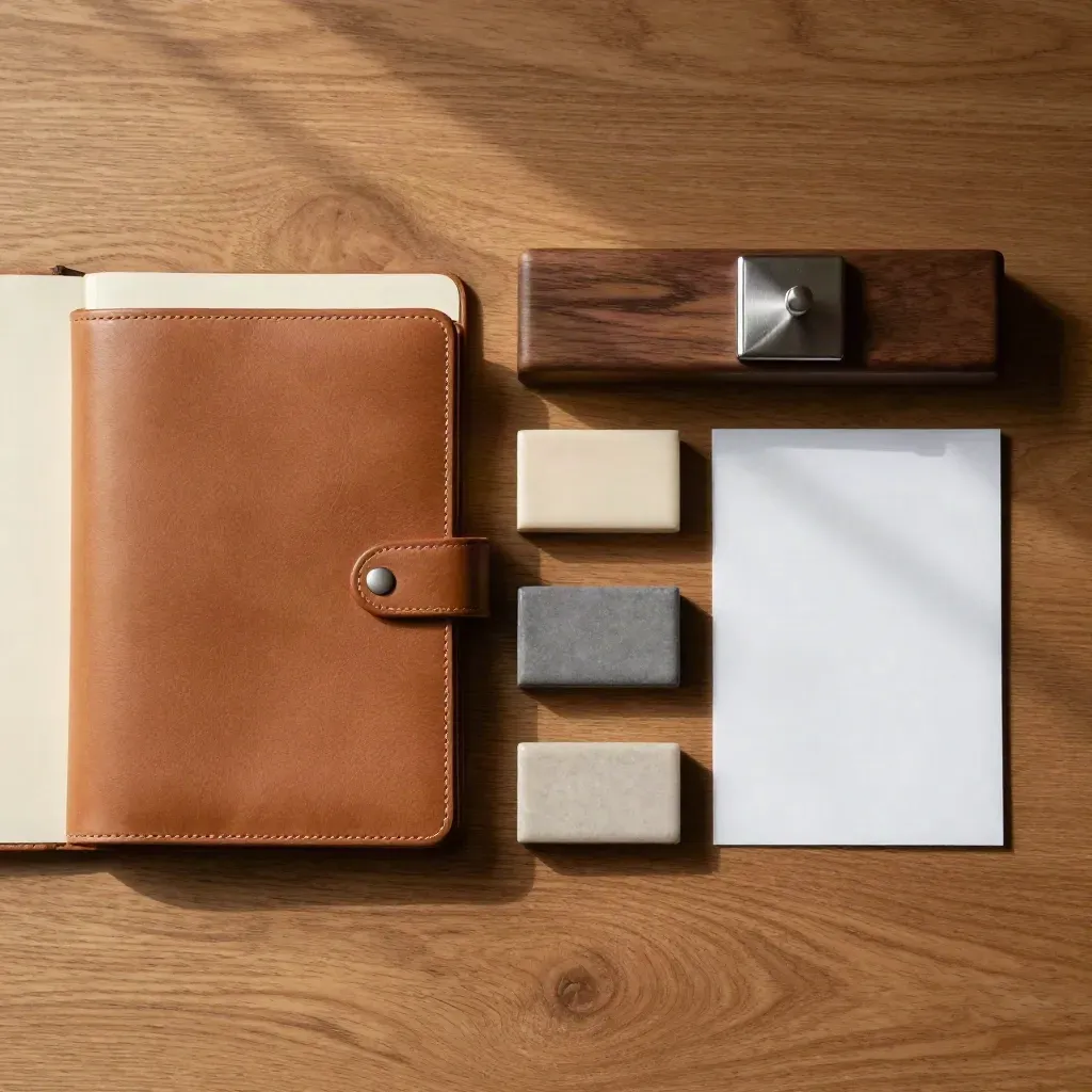 Overhead wealth-planning still life with leather folio, ledger box, tabs, and steel weight on oak