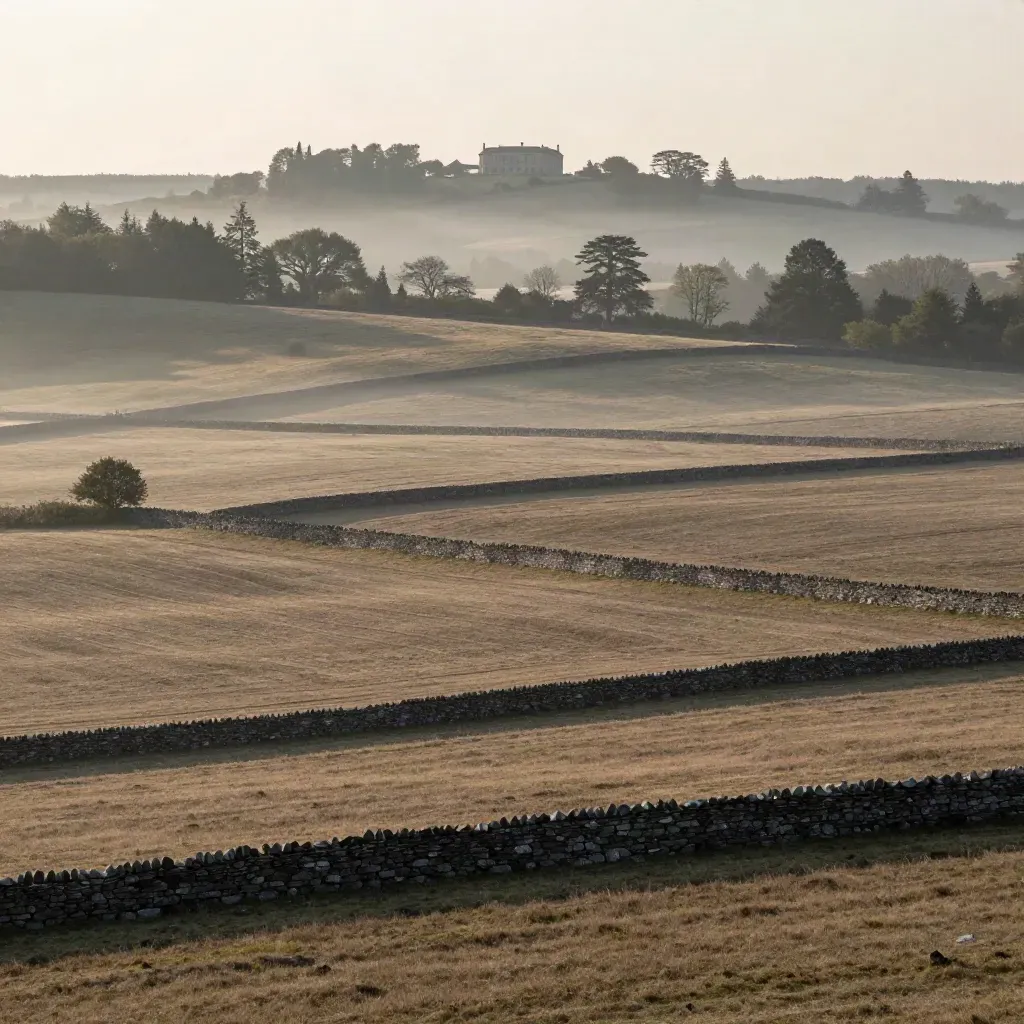 Misty Greater Connecticut hills with stone walls, treeline, and a distant estate at dawn